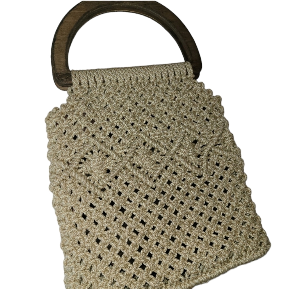 Vintage Crochet Boho Handbag Purse Wooden Handles Bohemian Bag Coastal